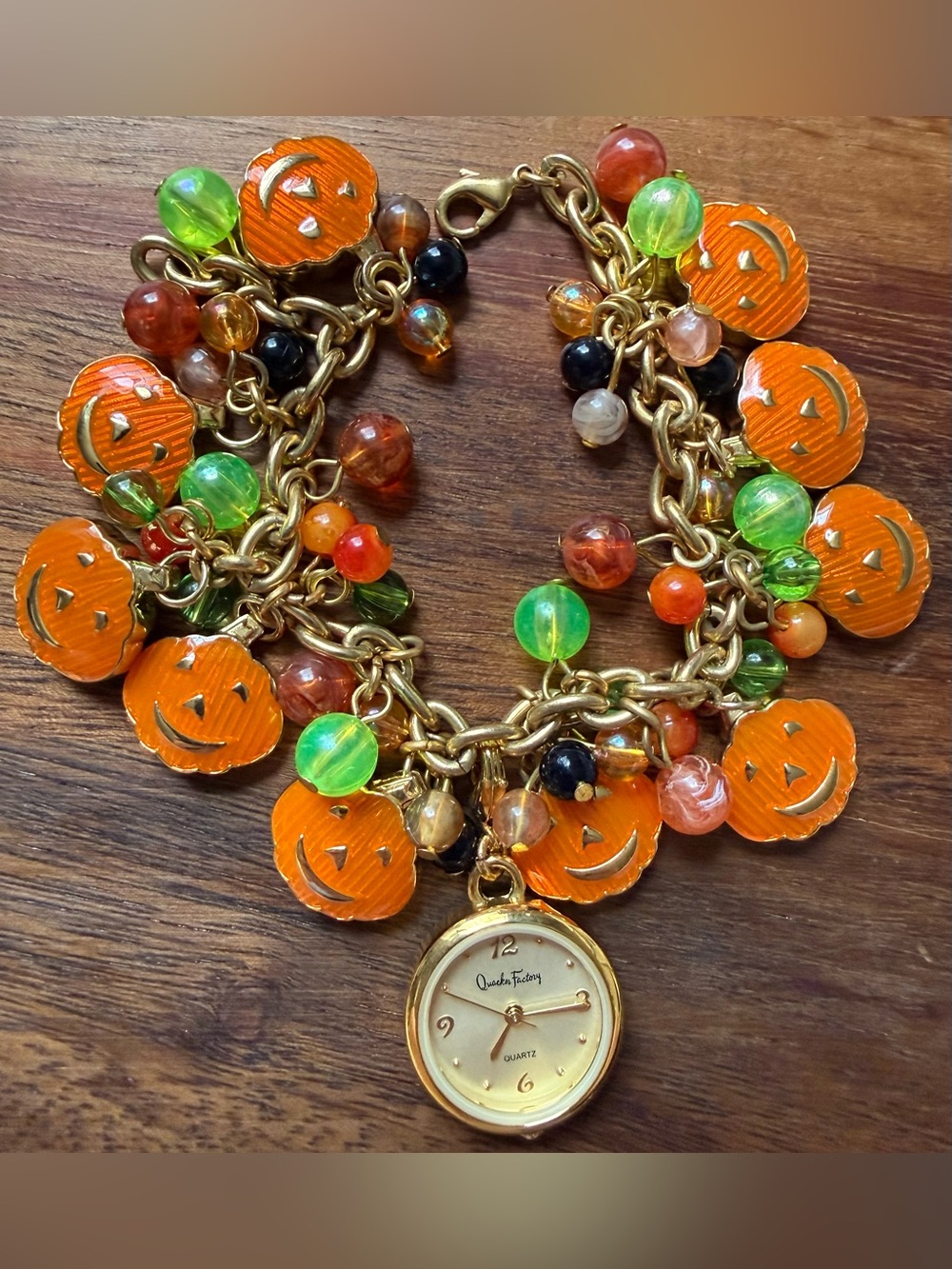 Quacker Factory Orange Pumpkin Halloween
 Charm Bracelet Watch Multicolor Beads